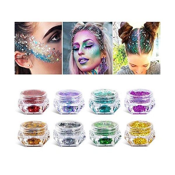 ICOLORY 8 Boites de Maquillage Paillettes Set, 6 Couleurs Holographique Paillettes, Cosmétique Paillettes pour Visage, Corps,