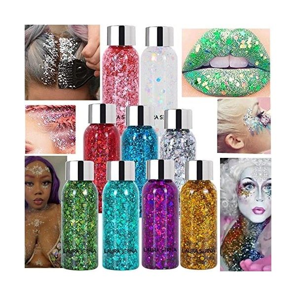 9 pcs Body Glitter Gel, Sirène Paillettes Chunky Glitter Visage Cheveux Ongles Lèvres Glitter Gel Durable Mousseux Lotion Gli