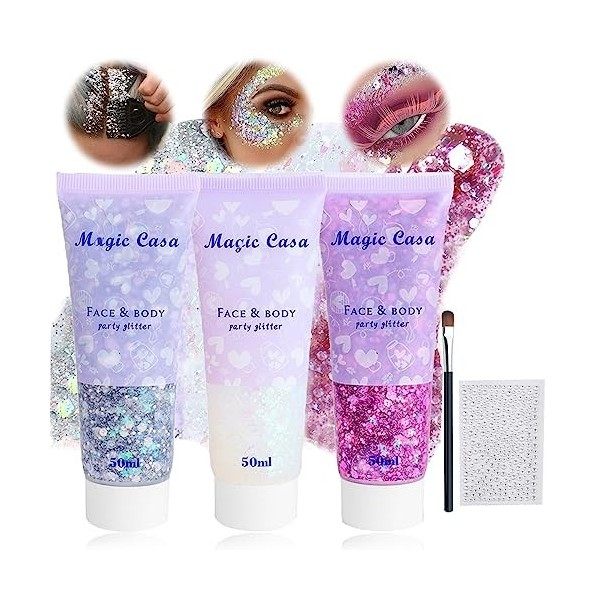 Gel Paillettes Visage 3PCS Paillettes Longue Durée Paillettes Corps Chunky Glitter Gel Pour Le Maquillage Des Fêtes De Fin D