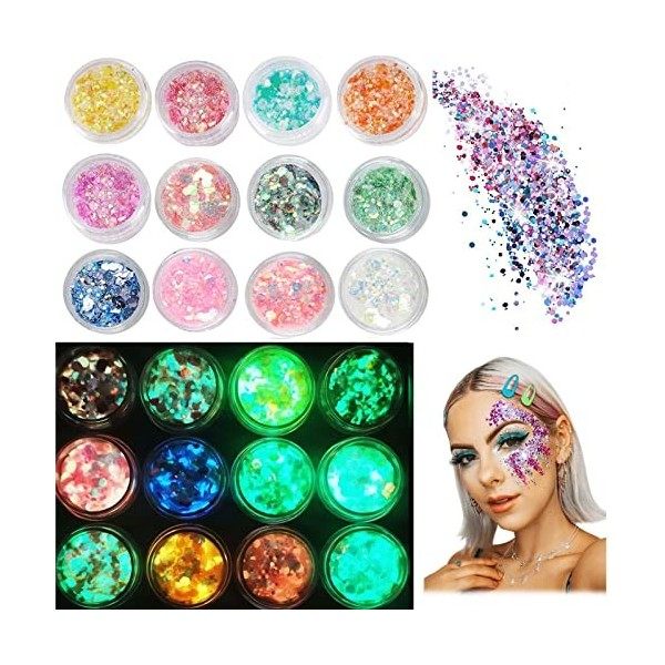 12 Pièces Paillettes Fluorescentes Visage Corps, Holographique Paillettes, Fluorescent Paillette, Paillettes Gel, Paillettes 