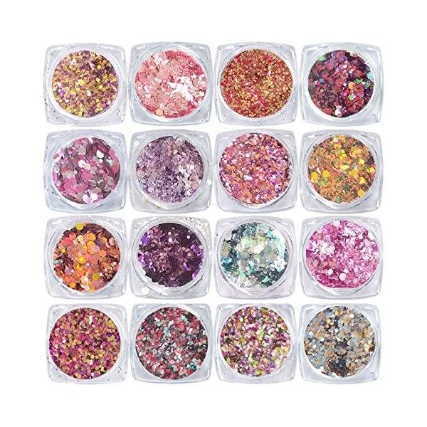 16 Couleurs Lumineuse Paillettes,Poudre Pailletée Maquillage Holographiques et Flocons de Ongles,Paillettes de Corps Maquilla