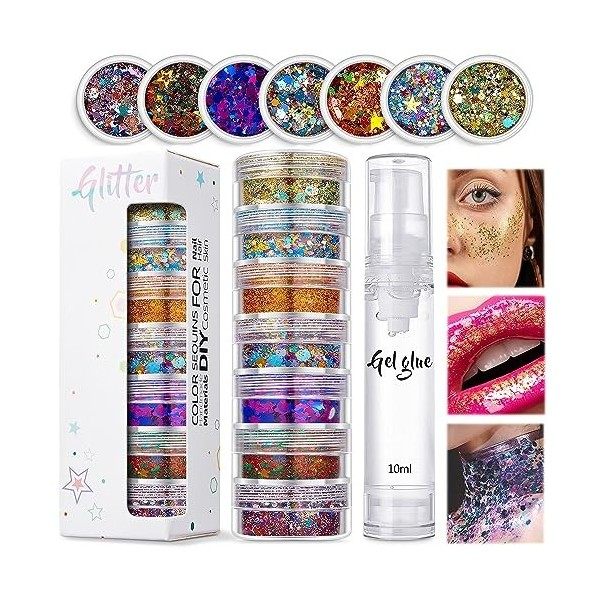 Lucktao 7 Boites de Maquillage Paillettes Set,Gel Paillettes Visage,Body Glitter, Sequins Glitter,Sirène Paillette,Paillette 