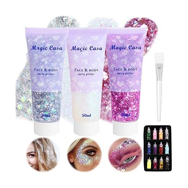 3 Pièces Paillettes Visage,Pailette Makeup Festival Paillette Visage Chunky Glitter Gel Liquide Glitter Body Gel Chunky Glitt