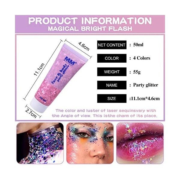 MULEVIP Chunky Glitter 4 Couleurs Gel Glitter Body,Body Glitter, Paillettes de Sirène Chunky Glitter Gel Liquide, Festival Gl