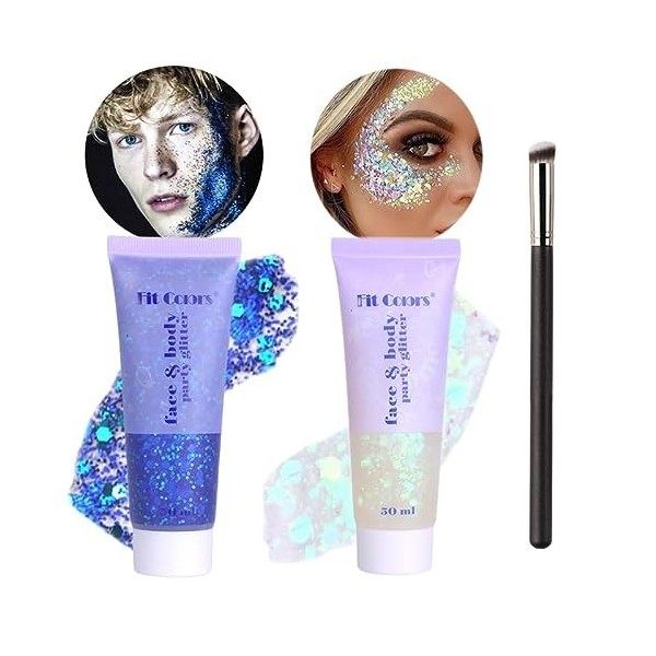 WishesMar 2 Pièces Bleu Argent Gel Paillettes Visage Body Glitter Maquillage Festival Paillette pour Corps Cheveux - Gel Scin