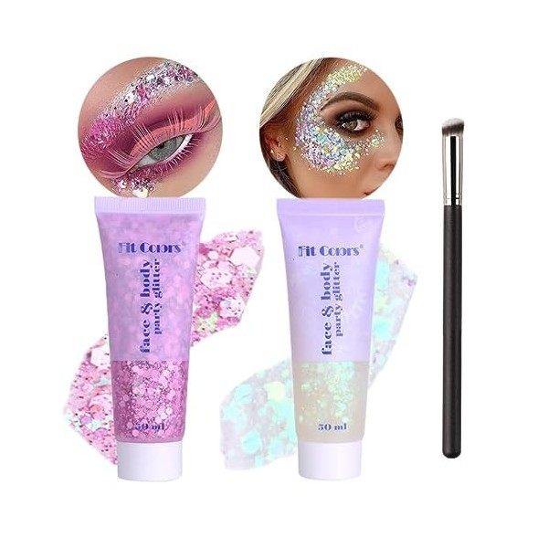 WishesMar 2 Pièces Bleu Argent Gel Paillettes Visage Body Glitter Maquillage Festival Paillette pour Corps Cheveux - Gel Scin