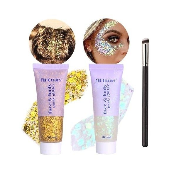 WishesMar 2 Pièces Bleu Argent Gel Paillettes Visage Body Glitter Maquillage Festival Paillette pour Corps Cheveux - Gel Scin