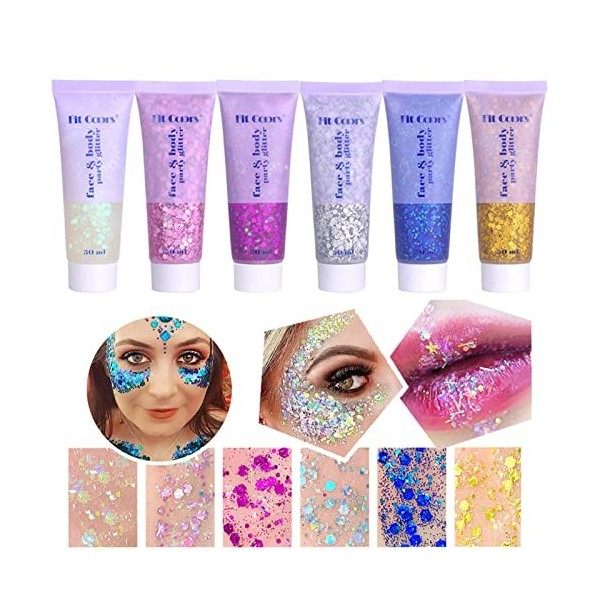 JasCherry Lot de 6 Paillettes pour le Corps Gel Paillettes pour le Cheveux Visage Lèvres Ongles - Chunky Body Sequins Glitter