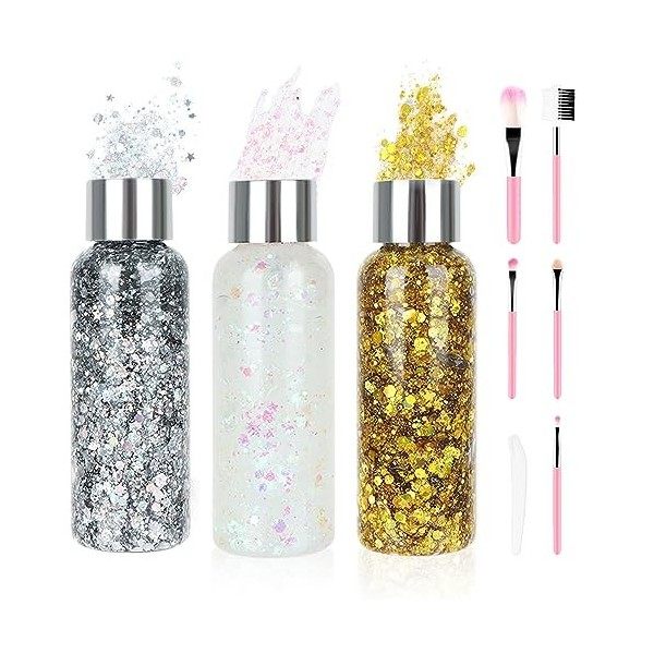 Body Glitter Gel, 3 Bottle Paillettes Visage 50g Mermaid Sequins, Liquid Gel Kit, Long-Lasting Glitter Sequins,pour Cosmétiqu