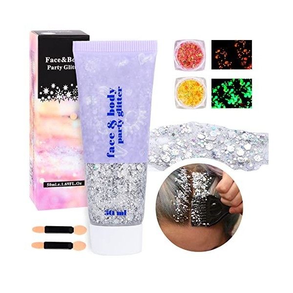 Hereneer Sirène Paillettes 50ml, Paillettes Lumineuses 10ml, Chunky Glitter Body Gel pour Visage Cheveux Ongles, Festival Gli