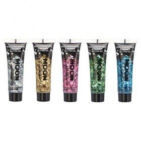 Gel chunky holographique paillettes pour le visage et le corps par Moon Glitter - 12ml - Assortiment de 5 couleurs - Pailleté