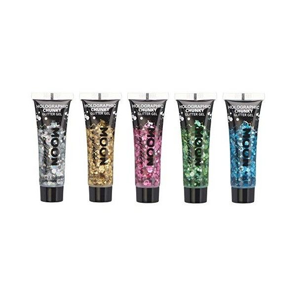 Gel chunky holographique paillettes pour le visage et le corps par Moon Glitter - 12ml - Assortiment de 5 couleurs - Pailleté