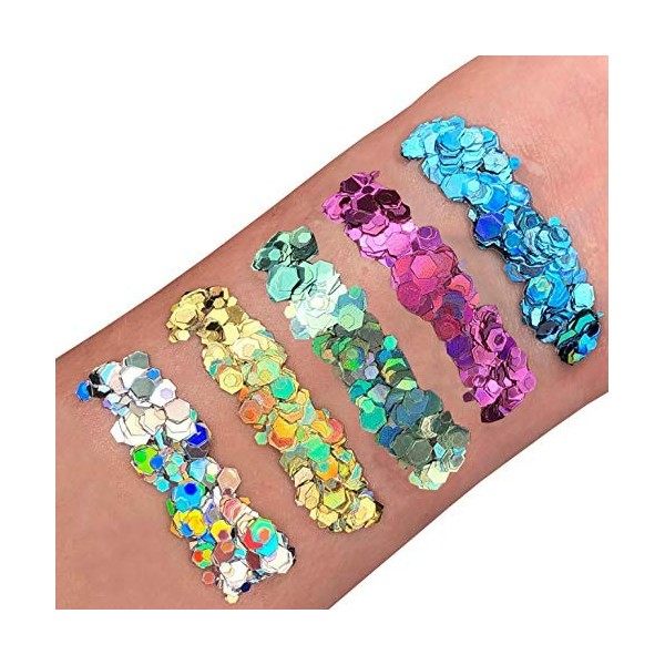 Gel chunky holographique paillettes pour le visage et le corps par Moon Glitter - 12ml - Assortiment de 5 couleurs - Pailleté