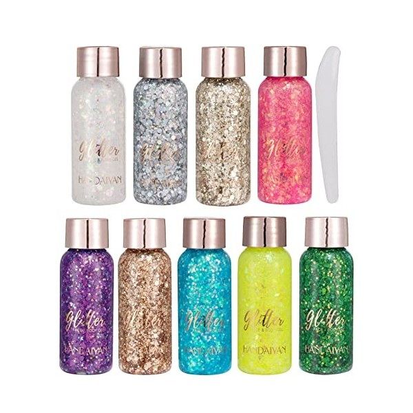 9PCS Body Glitter Gel, Sliver Face Glitter Festival, Mermaid Sequins Chunky Glitter, Body Lotion Glitter Liquid Eyeshadow, po