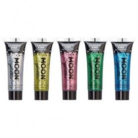 Moon Glitter - Gel brillant fin classique - 12ml - Assortiment de 5 couleurs - Pailleté pour visage.