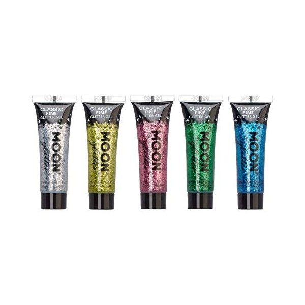 Moon Glitter - Gel brillant fin classique - 12ml - Assortiment de 5 couleurs - Pailleté pour visage.