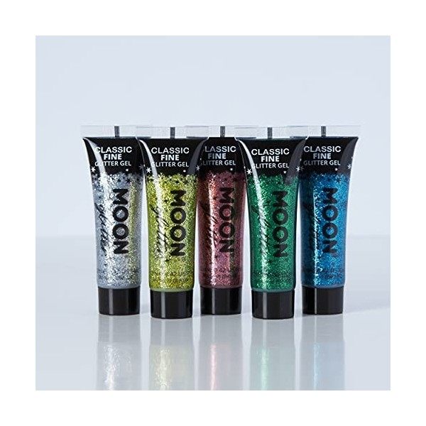 Moon Glitter - Gel brillant fin classique - 12ml - Assortiment de 5 couleurs - Pailleté pour visage.