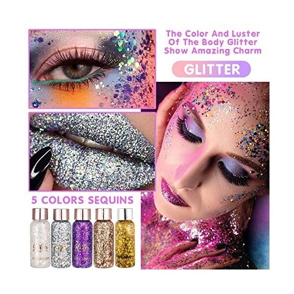 Paillettes Visage 5 PièCes Paillette Cheveux Maquillage Corps Glitter Makeup Festival Yeux Paillettes Chunky Glitter Liquide 