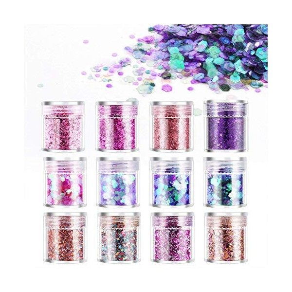 DazSpirit 12 Colorées Paillettes Chunky Glitter Maquillage Pour Le Visage, 3D Nail Art Paillettes pour Manucure Yeux Cheveux 