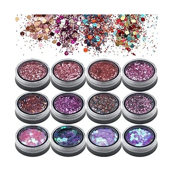 GCOA Chunky Glitter, ongles paillettes Paillettes Glitter pour les ongles et le maquillage, 12 mélanges de couleurs