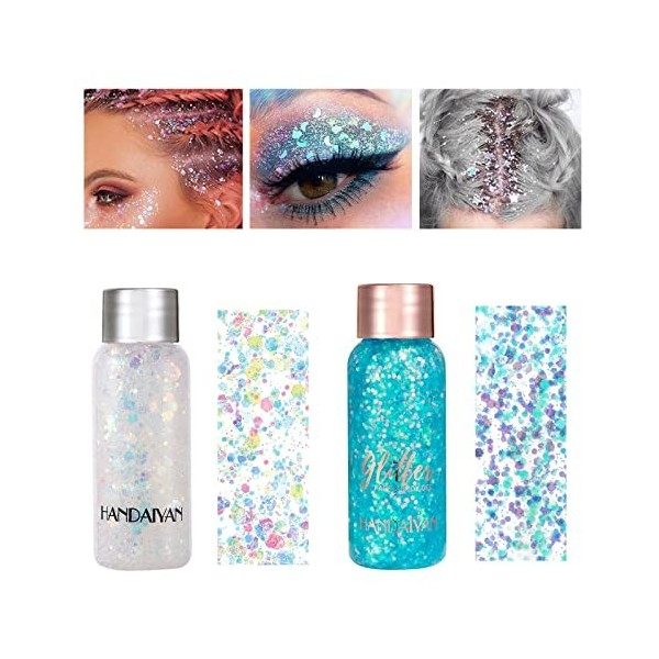 Zilams 2 Pièces Paillettes Visage Glitter Body Gel Festival Chunky Glitter Liquide Corps Paillette Maquillage Cosmétique Chev