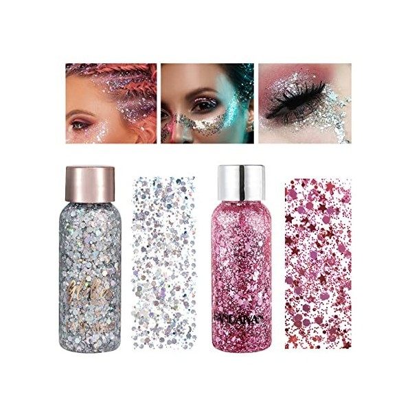 Zilams 2 Pièces Paillettes Visage Glitter Body Gel Festival Chunky Glitter Liquide Corps Paillette Maquillage Cosmétique Chev