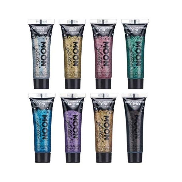 Gel holographique paillettes pour le visage et le corps par Moon Glitter - 12ml - Assortiment de 8 couleurs - Pailleté pour v