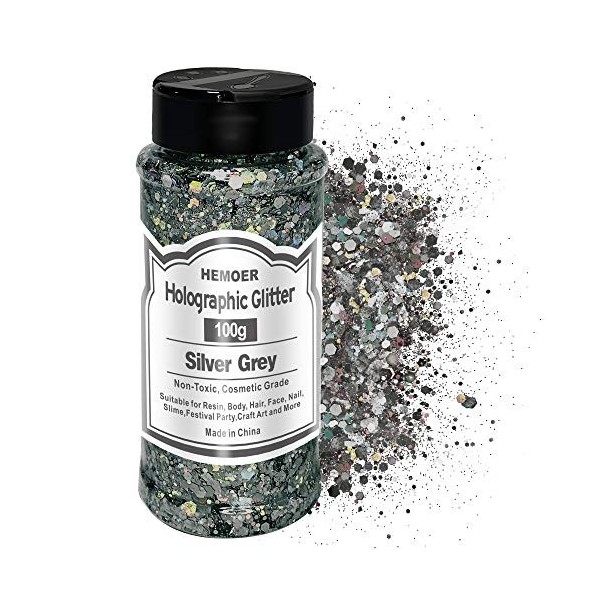 HEMOER Holographique Grosses Paillettes, 100g Gris Argenté Sequins Glitter, Paillettes pour Visage, Corps, Cheveux, Résine Ep