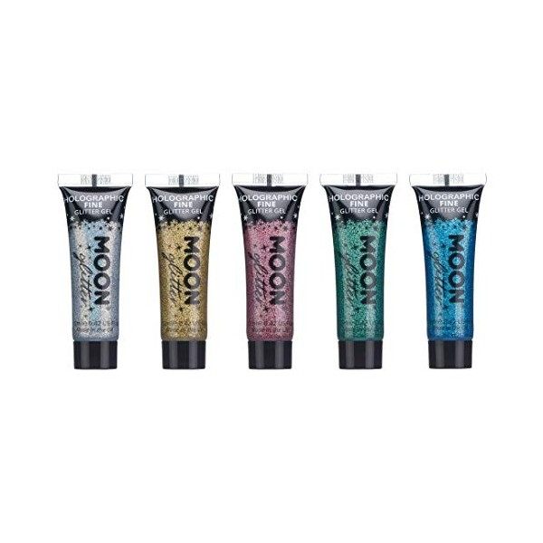 Gel holographique paillettes pour le visage et le corps par Moon Glitter - 12ml - Assortiment de 5 couleurs - Pailleté pour v