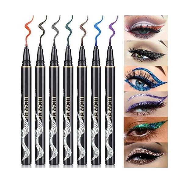 UCANBE Eyeliner Pailleter 7 Couleurs－Eye Liner Liquide Longue Tenue, Résistant à Leau, Couleur Résistante aux Bavures, Très 