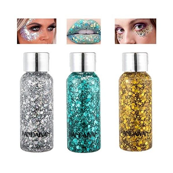 Body Glitter Gel, Ensemble de Paillettes de Gel Pour le Corps,3 Boîtes Gel Scintillant Visage et Corps,Sirène Paillettes Chun