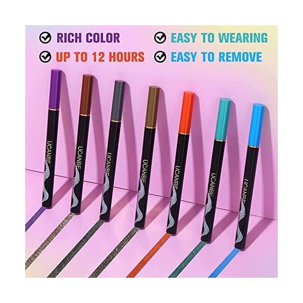 UCANBE Eyeliner Pailleter 7 Couleurs－Eye Liner Liquide Longue Tenue, Résistant à Leau, Couleur Résistante aux Bavures, Très 