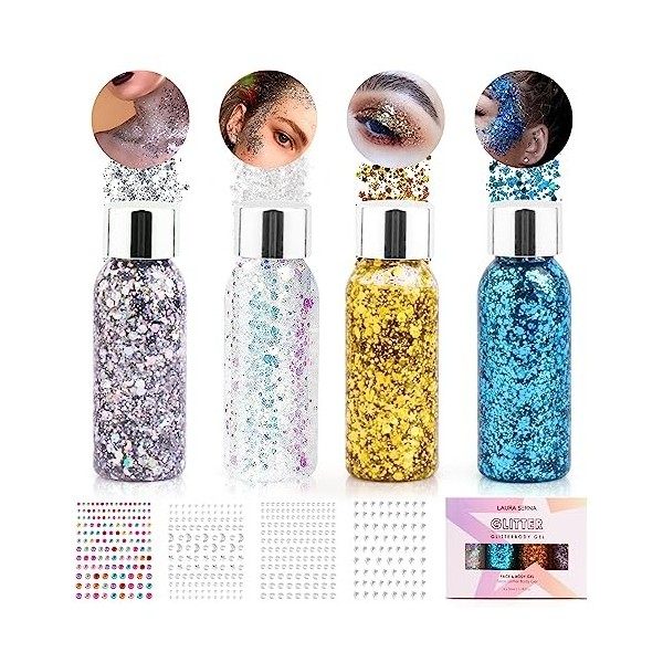 Visage Scintillant, 4 bouteilles de Gel Liquide pour le Visage Scintillant du Festival, Scintillant pour le Corps des Paillet