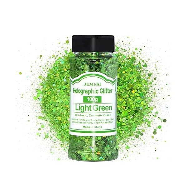 Paillettes Holographic Chunky - Vert clair - 100 g - Paillettes scintillantes - Pour résine, visage, nail art, corps, slime, 