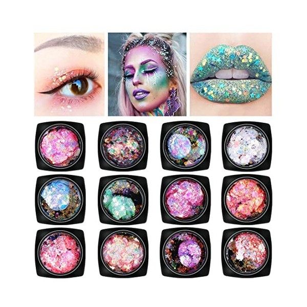 Grosses paillettes holographiques pour le corps,12 couleurs mixtes cosmétiques paillettes ongles paillettes irisées pour visa