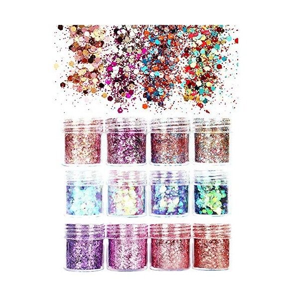 JUN-H 12 Styles Chunky Glitter Nail Sequin Glitter pour le visage Nails Yeux Lèvres Cheveux Corps Make Up Glitter Sequin Musi