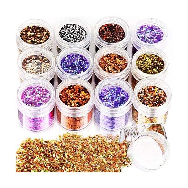 JUN-H 12 Styles Chunky Glitter Nail Sequin Glitter pour le visage Nails Yeux Lèvres Cheveux Corps Make Up Glitter Sequin Musi