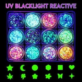 12 couleurs phosphorescentes pour le visage et le corps - Gel à paillettes de maquillage pour les joues, les cheveux, les yeu