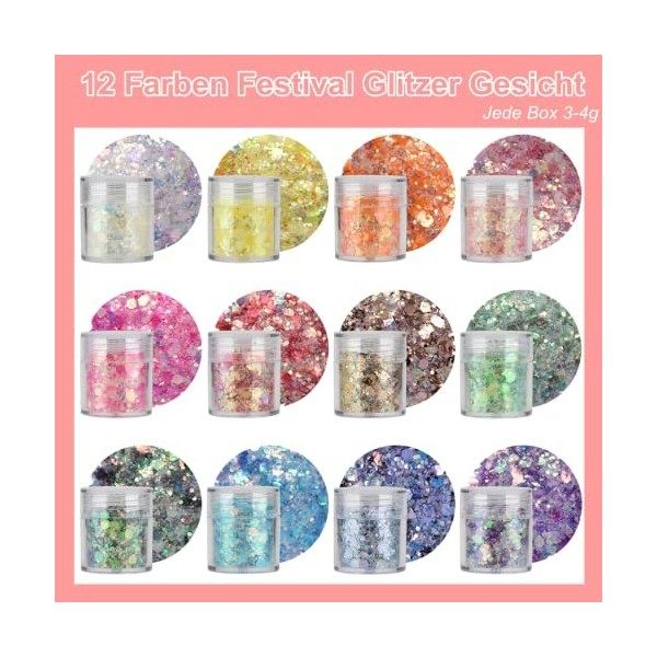 Paillettes pour visage 12 couleurs, brillantes chunky Sequin Festival Paillettes pour le visage, les ongles, les yeux, les ch