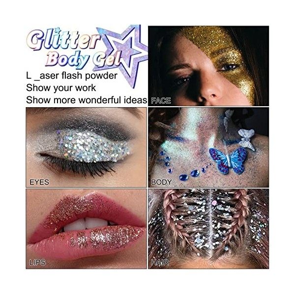 Gel de paillettes pour le corps, 1,1 oz Shiny Safe Face Body Glitter Gel Maquillage pour les yeux et les lèvres pour la perfo