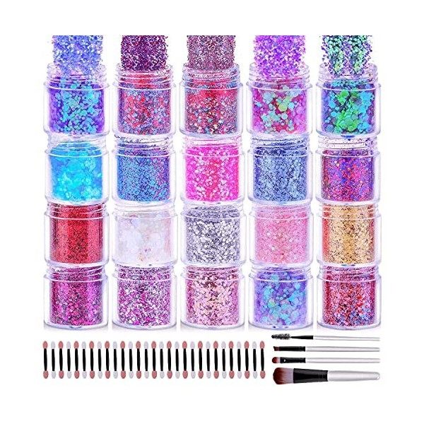 Cridoz Paillettes pour le corps, 20 couleurs différentes pour ongles, visage, cheveux et cheveux avec pinceaux de maquillage