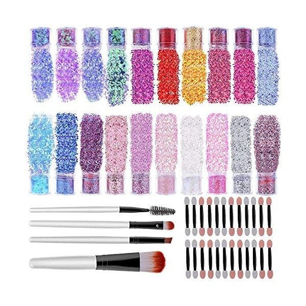 Cridoz Paillettes pour le corps, 20 couleurs différentes pour ongles, visage, cheveux et cheveux avec pinceaux de maquillage