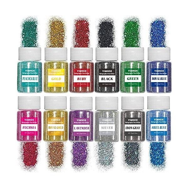 HEMOER 12 Couleurs Poudre Glitter à Maquillage, 180g Holographic Glitter, Ultra-mince Brillant Glitter pour Visage, Corps, Ch