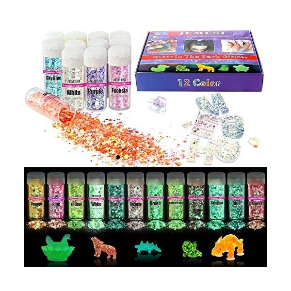 JEMESI Lumineuse Paillettes, 12 Couleurs Fluorescent Paillette pour Visage, Qualité Cosmétique Paillette pour Corps, Cheveux,