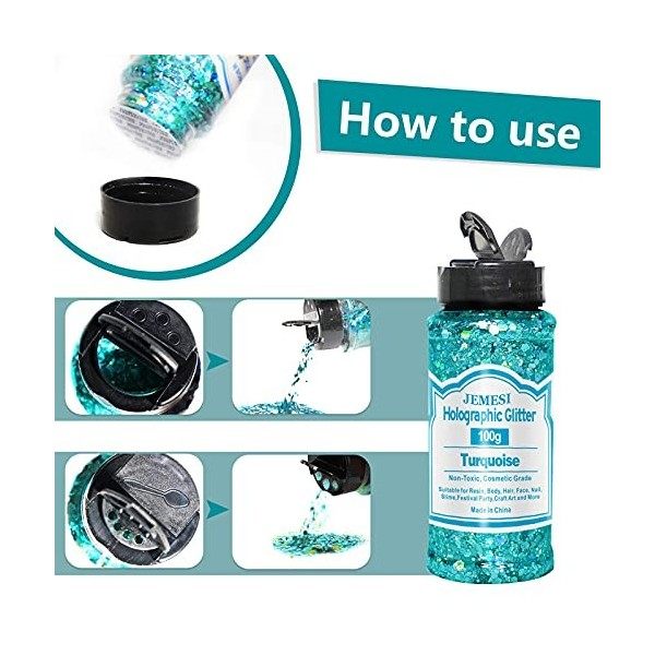 JEMESI Holographique Grosses Paillettes, 100g Turquoise Sequins Glitter, Paillettes pour Visage, Corps, Cheveux, Résine Epoxy