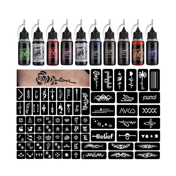 STIGMA Kit de Tatouage Temporaire 10 Bouteilles dEncres de Couleur, Kit de 84 Pochoirs pour Peinture Corporelle, Noir * 2, 