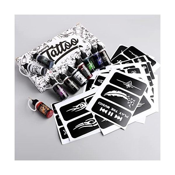 STIGMA Kit de Tatouage Temporaire 10 Bouteilles dEncres de Couleur, Kit de 84 Pochoirs pour Peinture Corporelle, Noir * 2, 