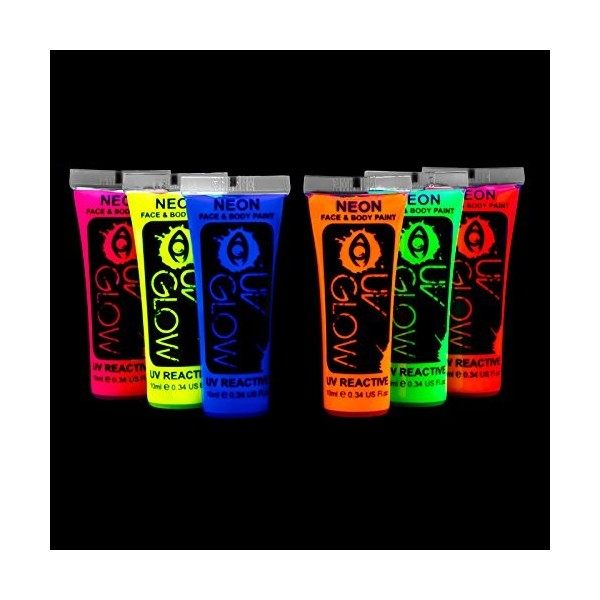 UV Glow Lot de 6 tubes de peinture fluorescente pour le visage et le corps 6 x 10 ml