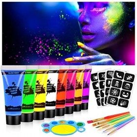 Lictin 8 x Peinture Corporelle-Kit de Peinture fluorescente UV Non Toxique  Neon Avec 6*5,5g de face painting palette, 2*poudr