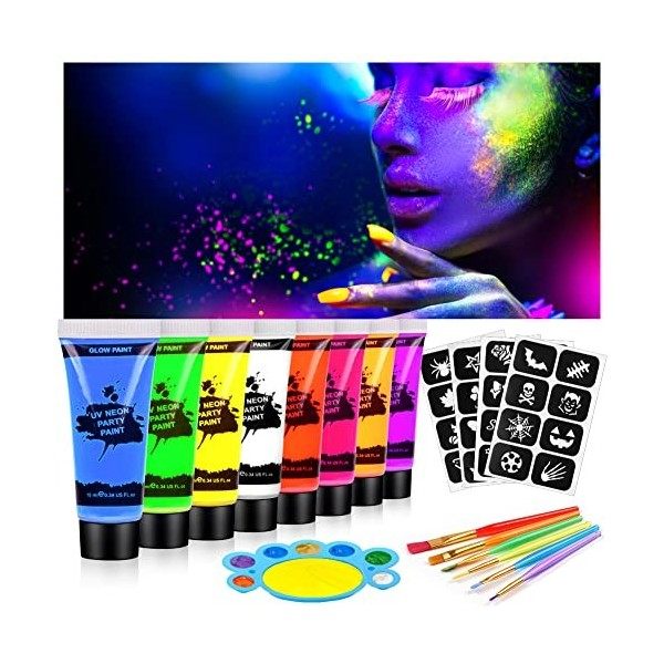 AOOWU Peinture Visage Corps Kit 19PCS, Peinture Corporelle, 8 * 10 ml UV Glow tubes de peinture fluorescente pour le visage e